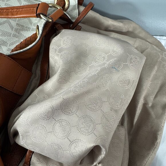 Michael Michael Kors Jet Set Large Logo Leather Gathered Brown Vanilla Tote Bag - Picture 12 of 14